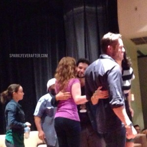 Rebecca Mader, Jim Doyle, Sean Maguire getting a kiss on the check from Lana Parrilla