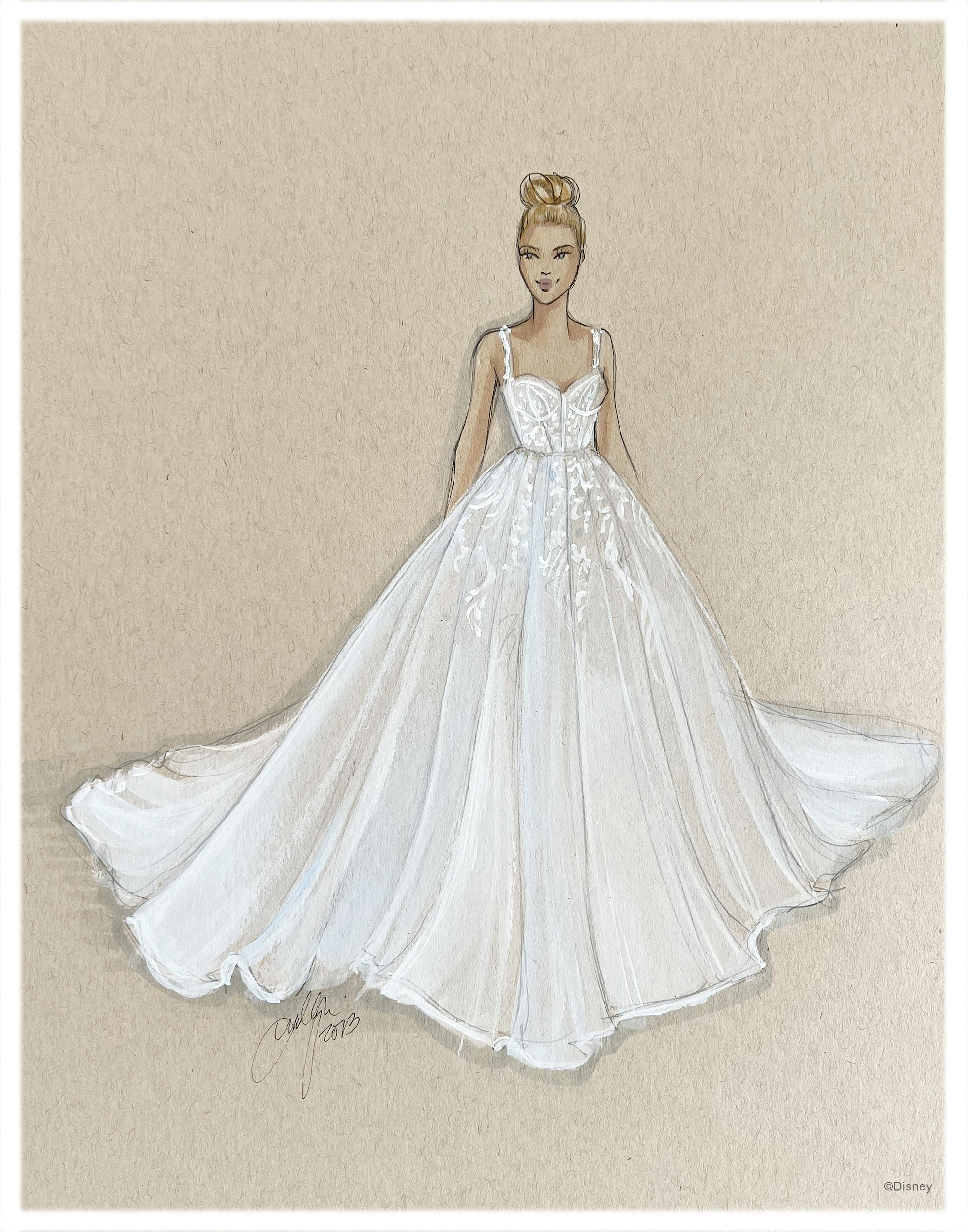 A sketch of a fair woman, hair up in a bun, in the Cinderella D373 2023 Disney Weddings dress that features thinner straps on a fitted bodice with a long flowing voluminous bottom