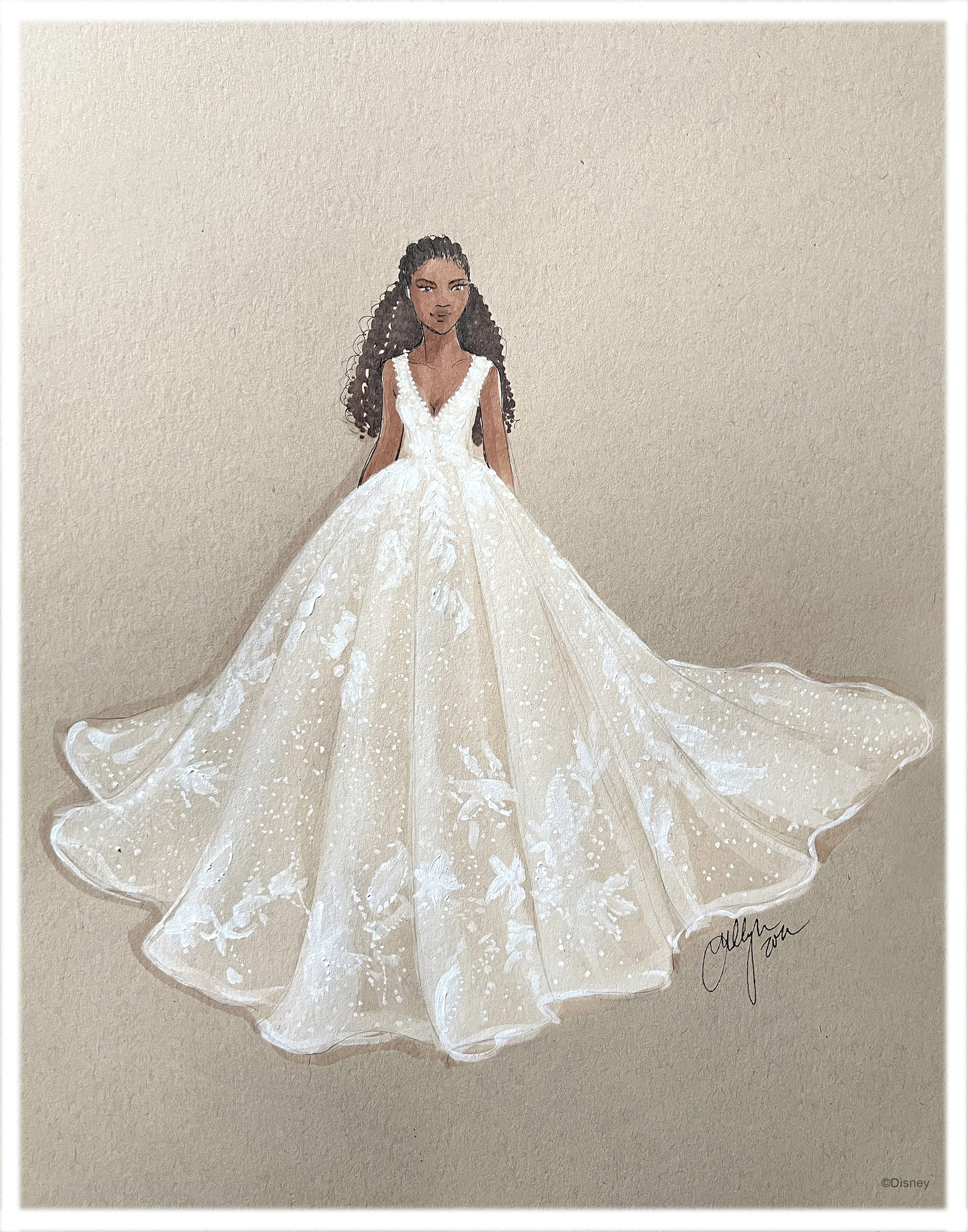 A sketch of a woman of color, hair half up and half down, in the Tiana DP358 2023 Disney Weddings dress that features a sleeveless lace top with a v cut that draws in at the waist and flows out generously at the bottom with sparkly material