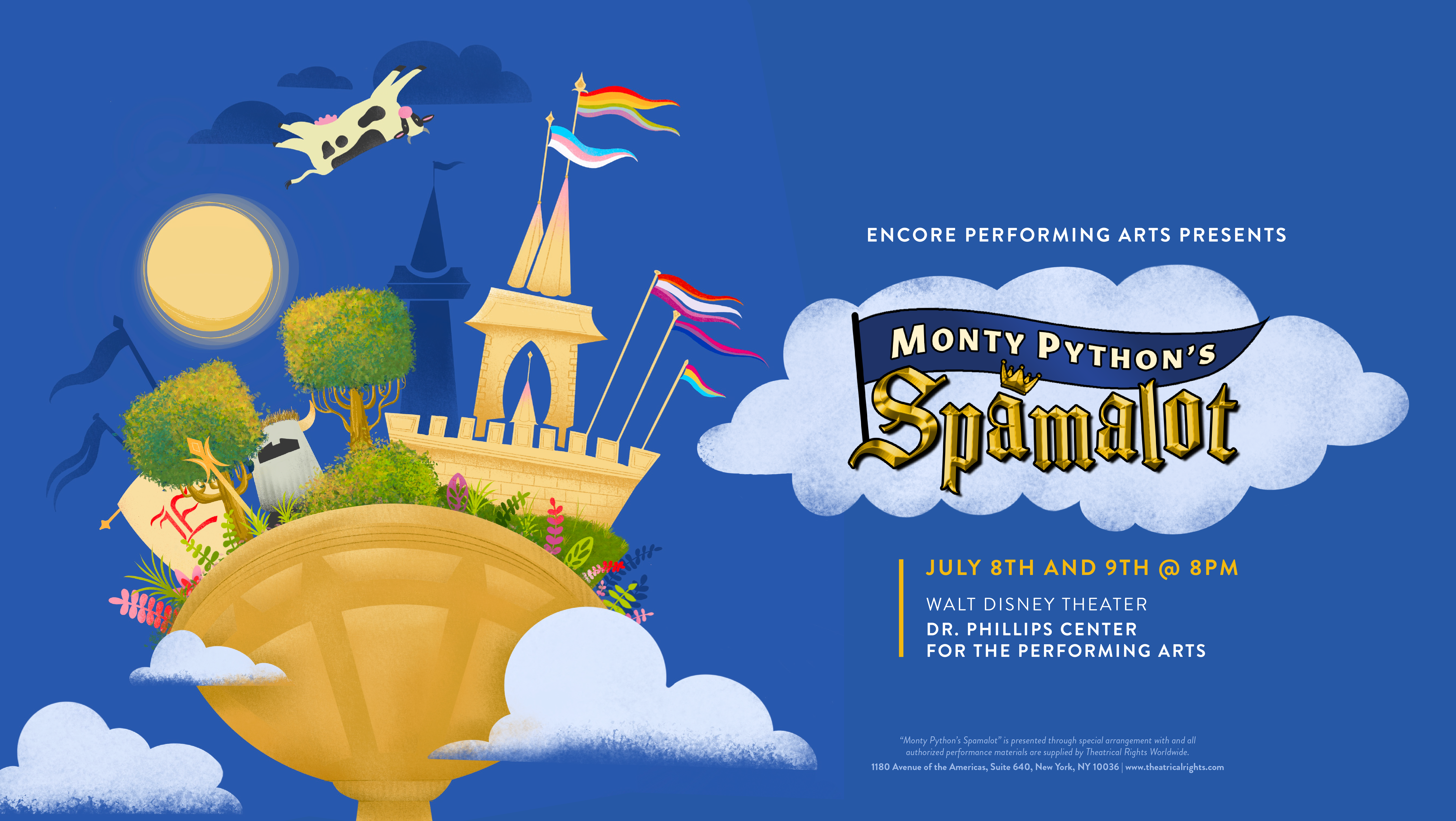 A visual graphic of a castle advertising Monty Python's Spamalot show put on by Encore in Orlando at the Dr. Phillips Center for the Performing Arts on July 8th and 9th at 8:00 p.m.