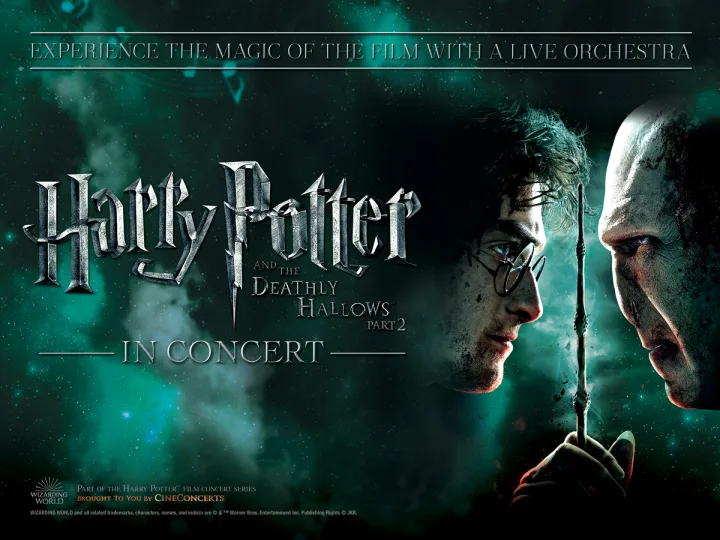 Harry Potter and the Deathly Hallows Part 2 in Concert logo in front of a dark smoky background.