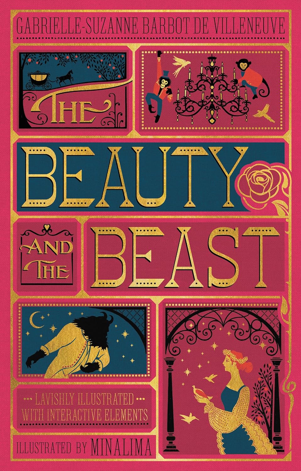 Beauty and the Beast MinaLima Edition book cover, mostly red with gold and blue accents.